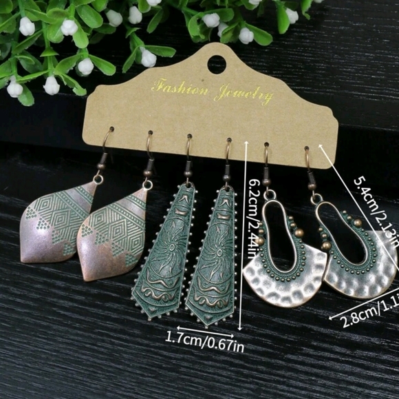 3pairs/set Vintage Style Antique Bronze Geometric Design Ear Hoop & Stud Earring - Picture 4 of 4